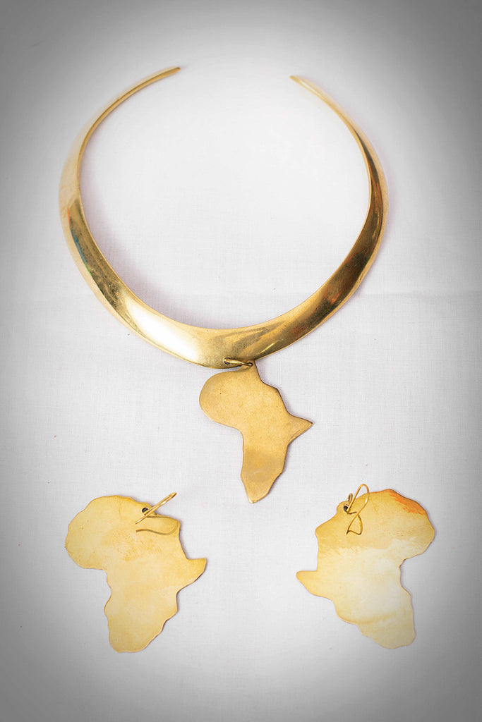 Brass Africa Map Choker Necklace and Earrings Set 