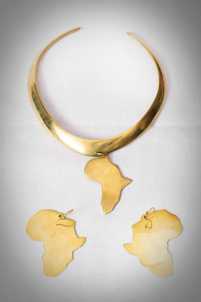 Brass Africa Map Choker Necklace and Earrings Set 