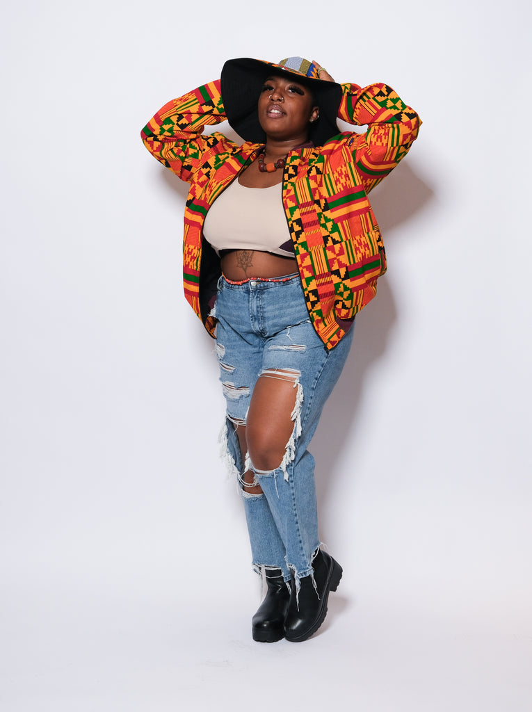 KIPEKEE African Print Kente Bomber Jacket With a Matching Summer Hat 