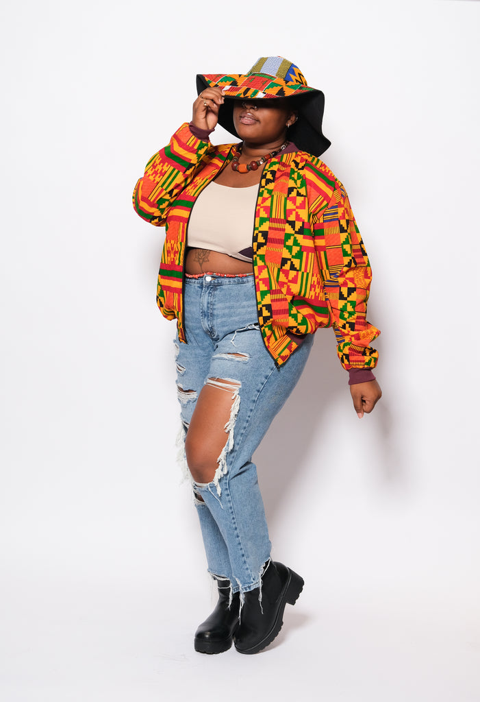 KIPEKEE African Print Kente Bomber Jacket With a Matching Summer Hat 