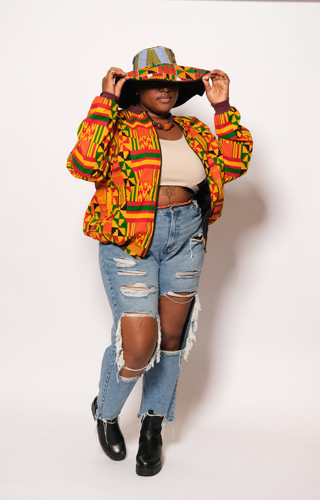 KIPEKEE African Print Kente Bomber Jacket With a Matching Summer Hat 