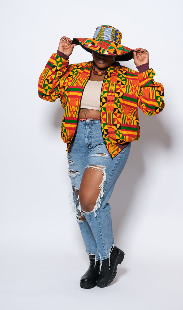 KIPEKEE African Print Kente Bomber Jacket With a Matching Summer Hat 