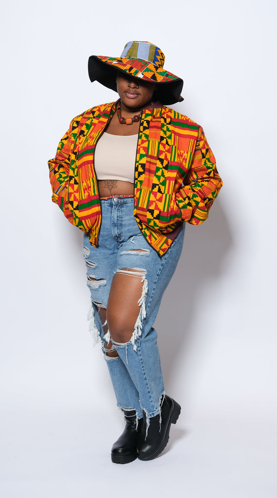 KIPEKEE African Print Kente Bomber Jacket With a Matching Summer Hat 